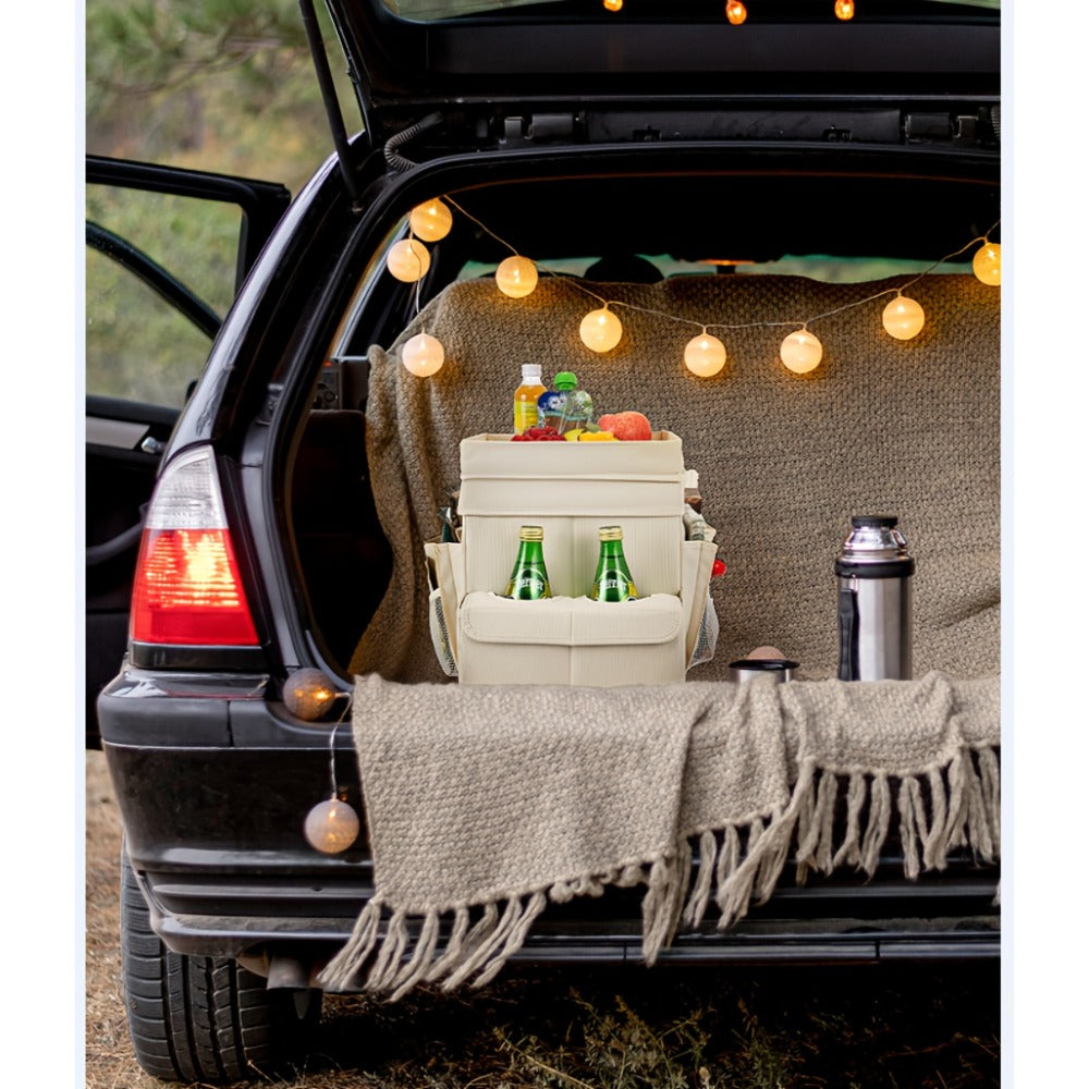 Seat-Top Car Organizer Box with Open Tray, Cup Recesses, Side Pockets and Four Size-Color Options