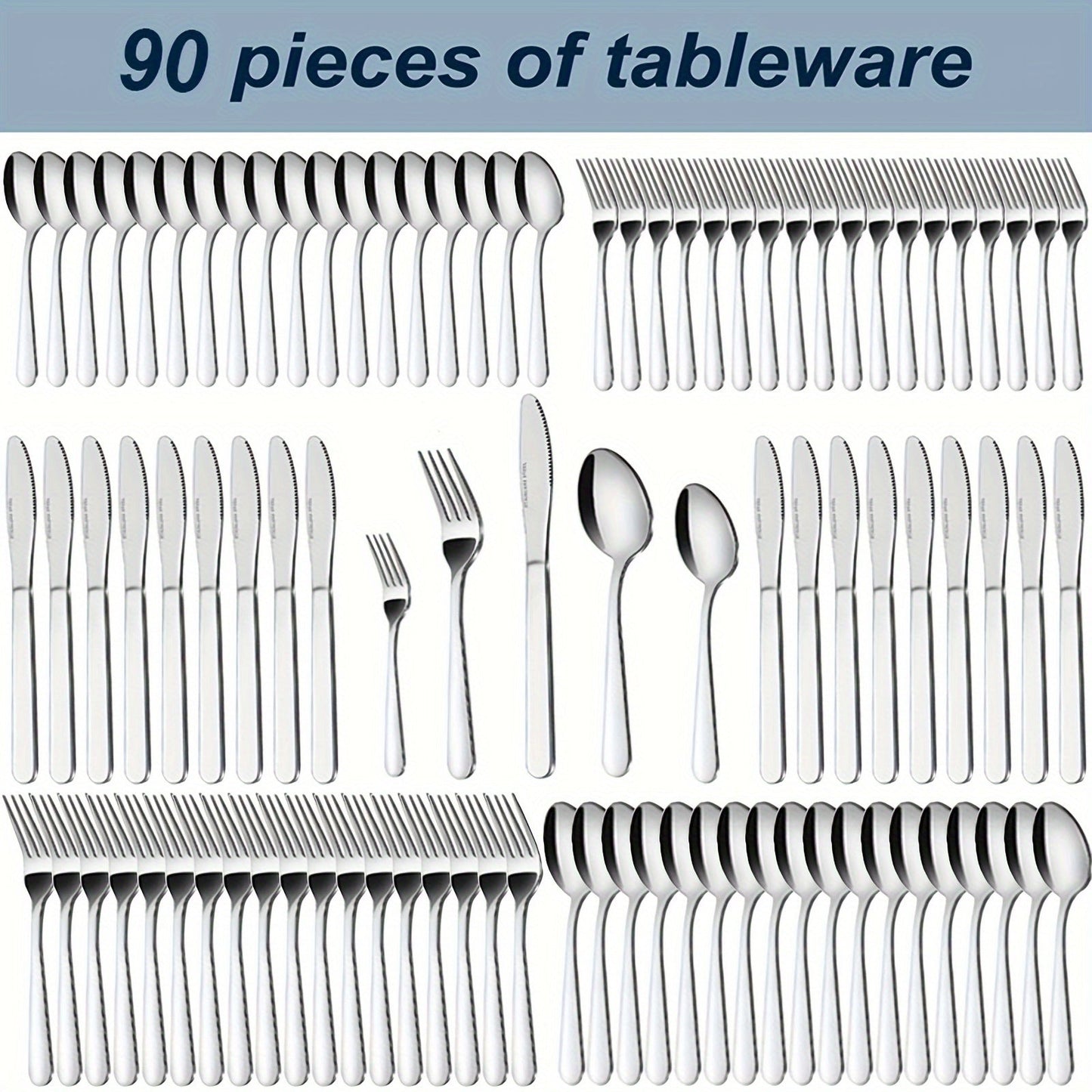 Stainless Steel Flatware Set in 60- or 90-Piece Silver Configurations with Five-Piece Place Settings