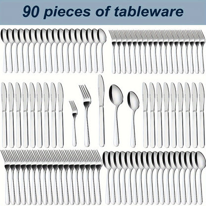 Stainless Steel Flatware Set in 60- or 90-Piece Silver Configurations with Five-Piece Place Settings
