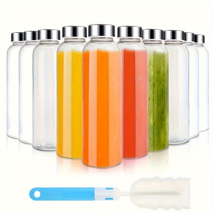 Glass Water Bottles with Lids 18oz Set of 10 Reusable Clear Glass Juice Bottles Leak-Proof for Entryways, Bedrooms and Living Spaces
