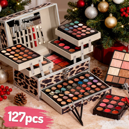 Portable Makeup Case Set with Fold-Out Color Palettes, Brush Collection and Silver or Leopard-Print Case Options