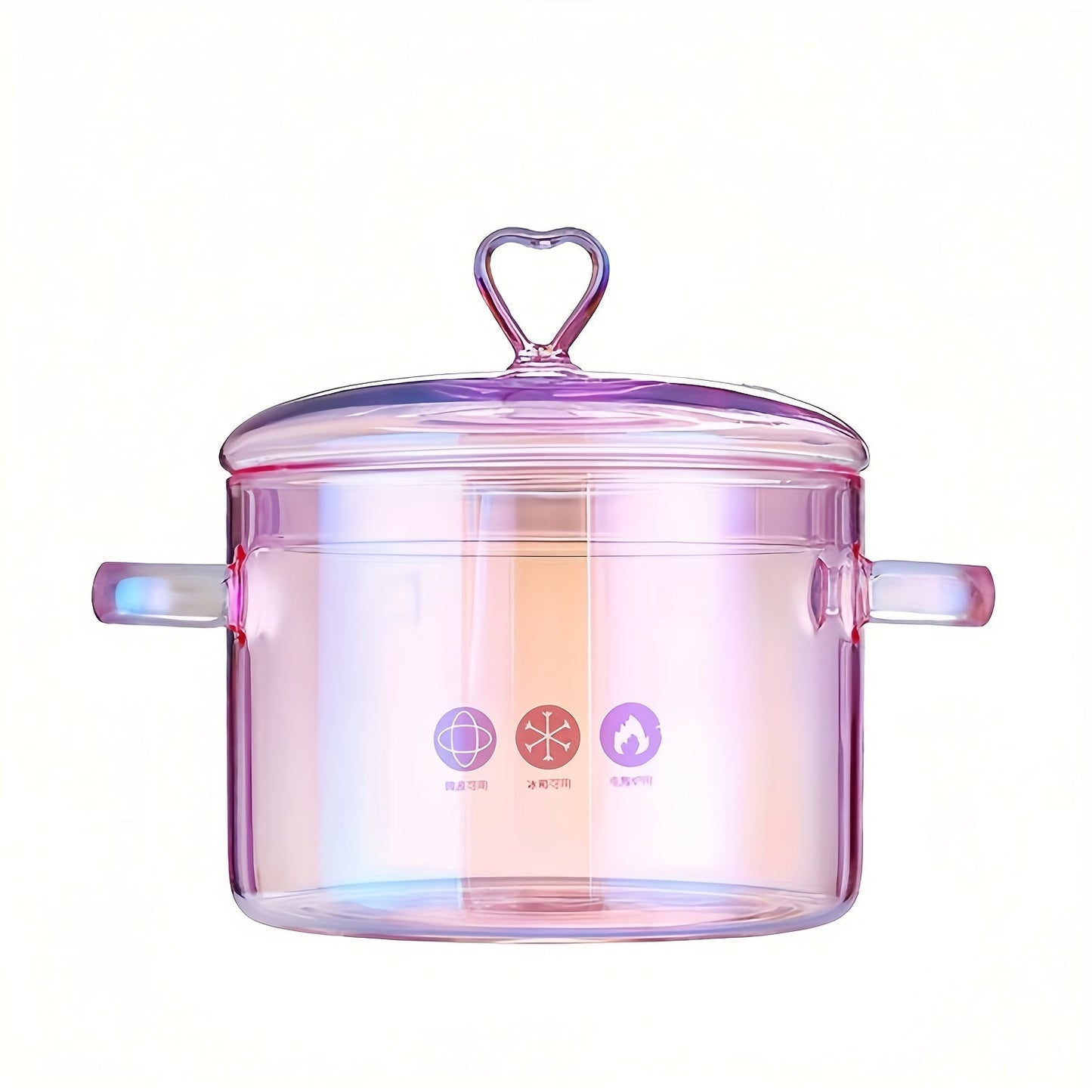 Glass Cooking Pot Cookware with 1500ml Capacity, Heart-Shaped Lid and Transparent Pink Body
