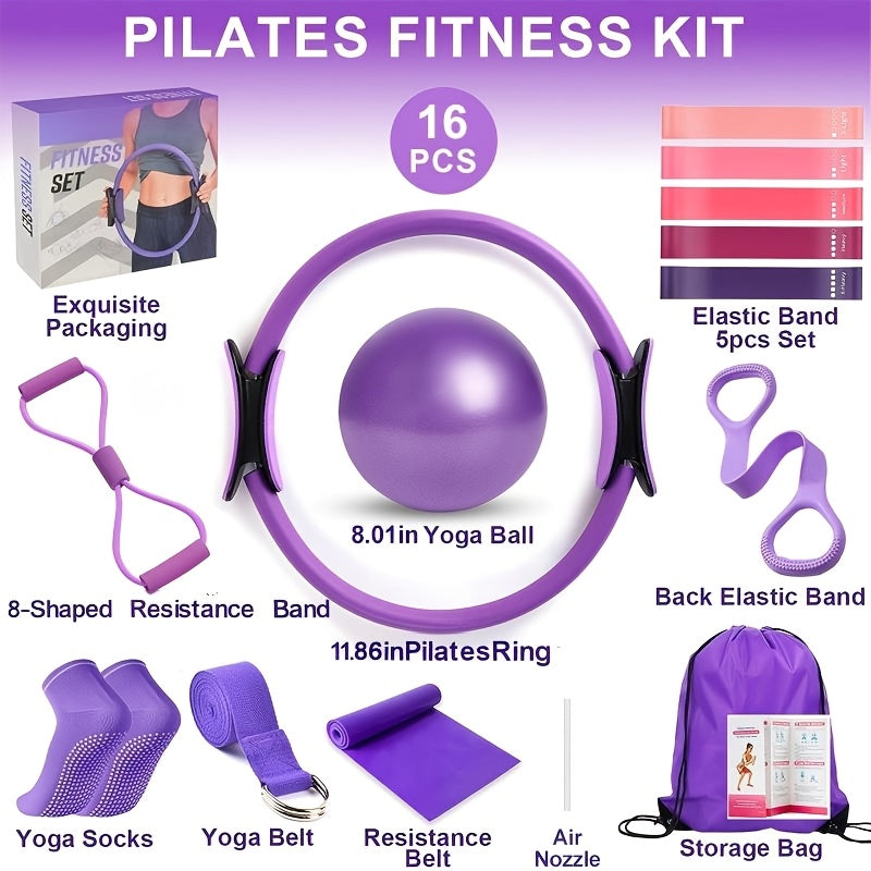 Pink or Purple 16-Piece Pilates Fitness Kit with Ring, Ball, Five Bands, Socks, Straps and Storage Bag