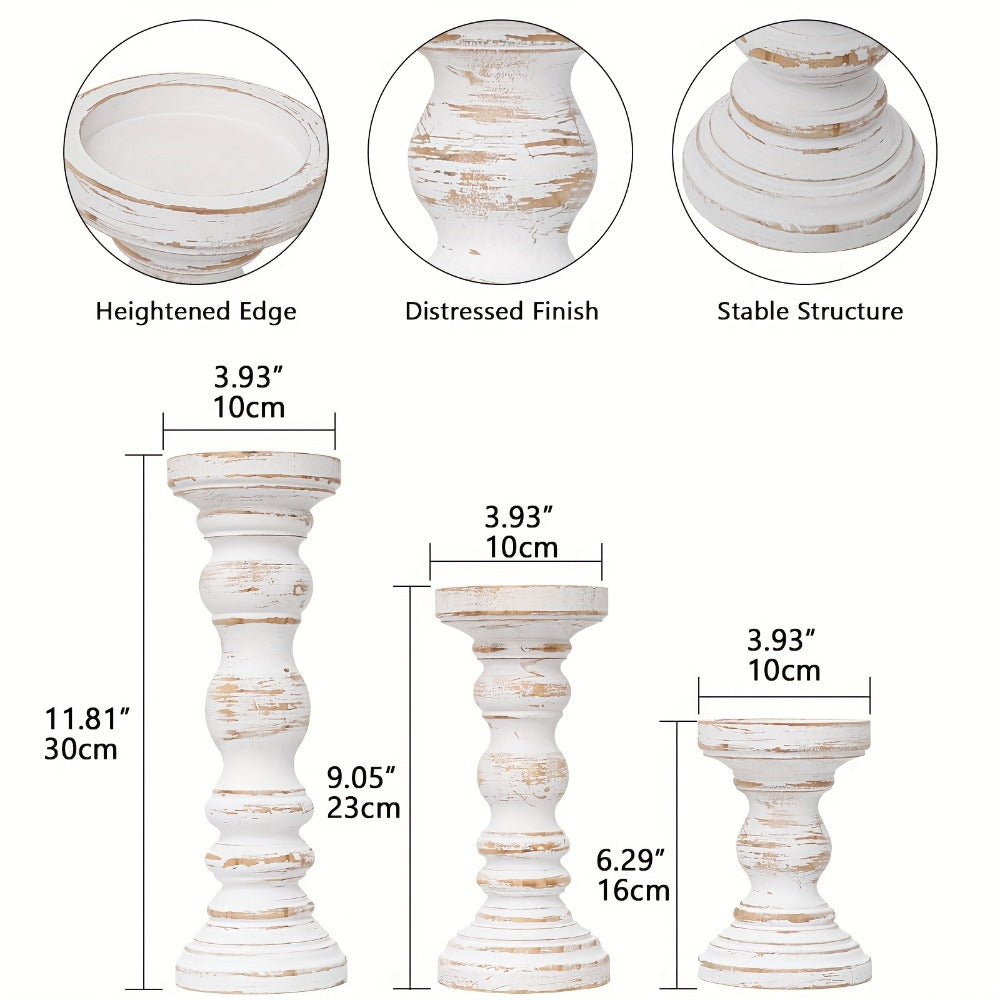 Wood Pillar Candle Holder Set of Three with Turned Pedestal Profiles, 16cm, 23cm and 30cm Heights in Three Finishes