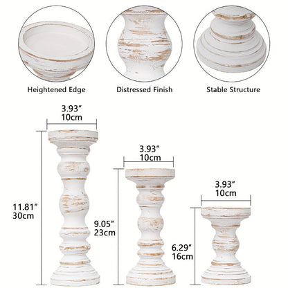 Wood Pillar Candle Holder Set of Three with Turned Pedestal Profiles, 16cm, 23cm and 30cm Heights in Three Finishes