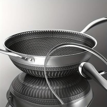 Stainless Steel Wok Set 13.3 Inch Non-stick Honeycomb Design with Lid & 2 Cookware Accessories