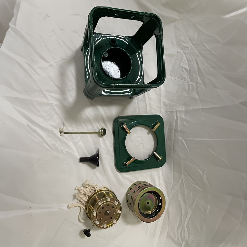 Military Green Kerosene Camping Stove with Pot Supports and Adjustable Wick Control, 740g Outdoor-Only Cooking Unit