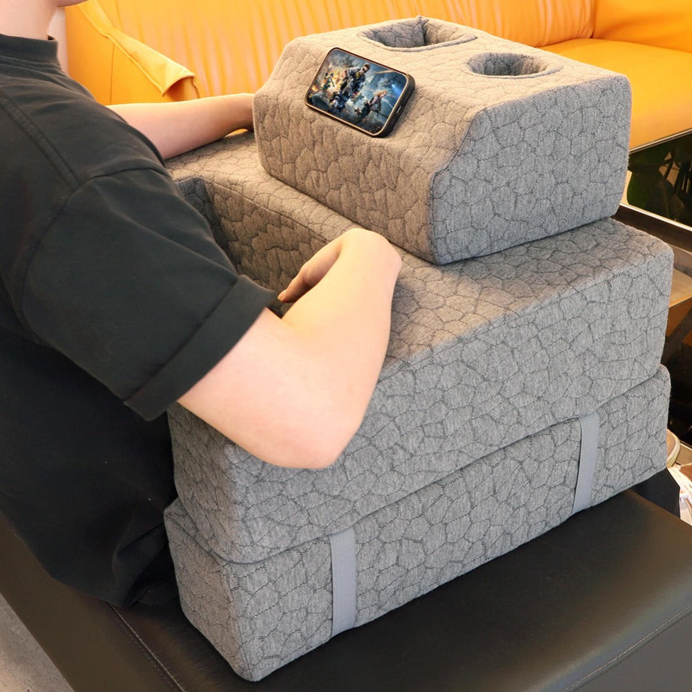 Modular Gray Reading and Gaming Cushion with Armrests, Cup Holders, Side Pockets and Detachable Sections