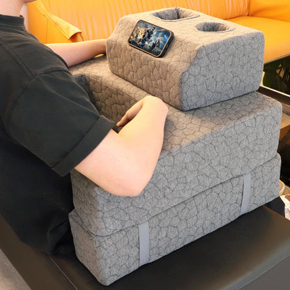 Modular Gray Reading and Gaming Cushion with Armrests, Cup Holders, Side Pockets and Detachable Sections