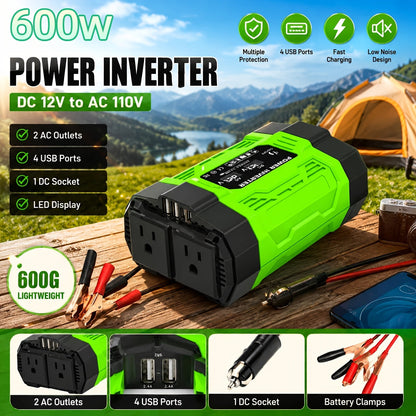 Portable 12V DC to 110V AC Power Inverter with 400W to 1000W Model Labels, Display and Carry Handle