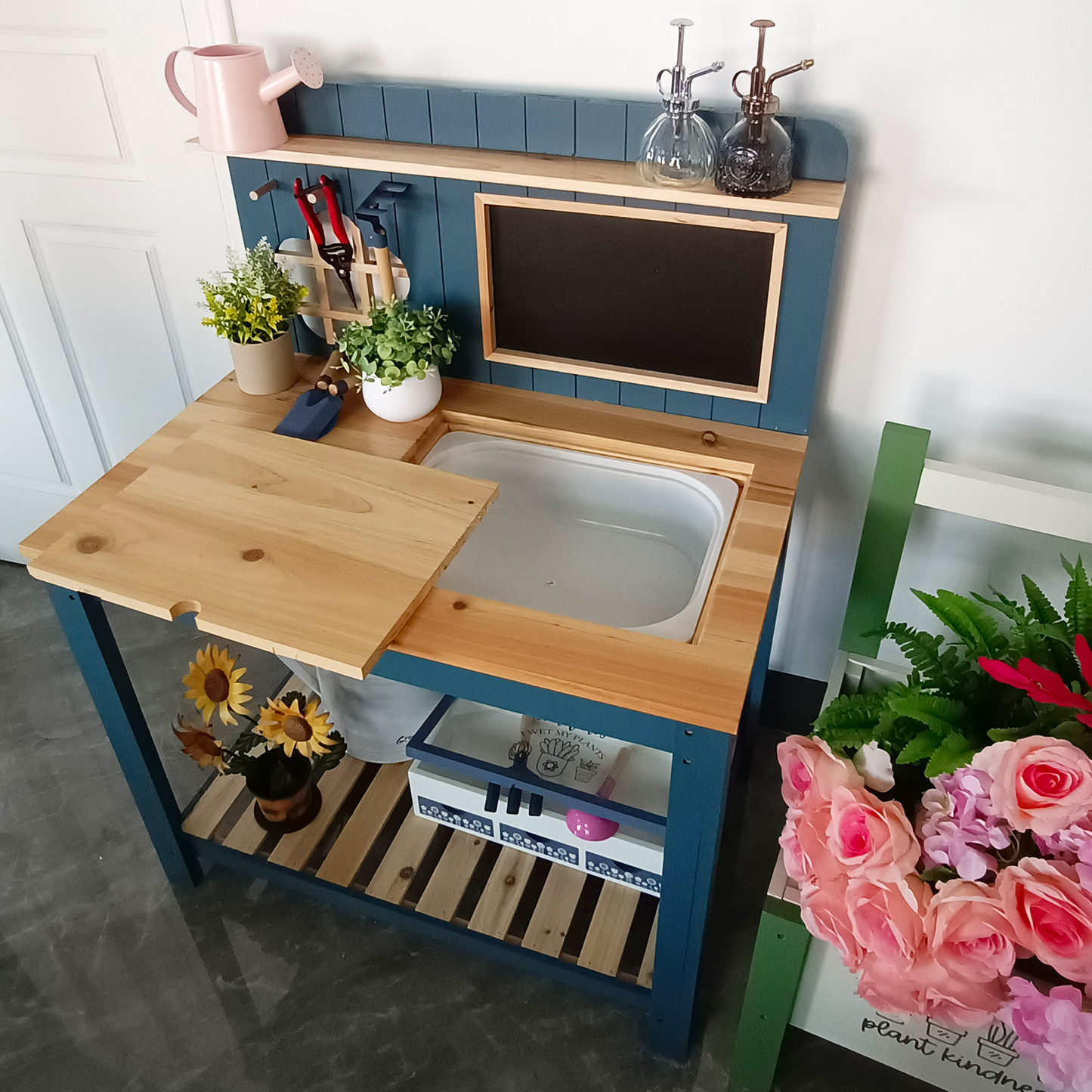 Potting Bench Table Cedar Wood Garden Workstation with Blackboard Removable Sink Hooks Double Shelf for Garden, Patio and Yard Use