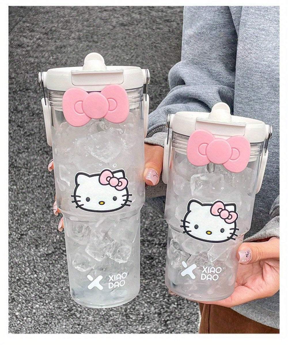 Hello Kitty Water Bottle with Straw 30 Oz, Large Cartoon Tumbler for Women & Girls, Portable Outdoor Sports Cup with Bow & Sticker