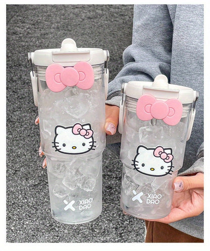 Hello Kitty Water Bottle with Straw 30 Oz, Large Cartoon Tumbler for Women & Girls, Portable Outdoor Sports Cup with Bow & Sticker