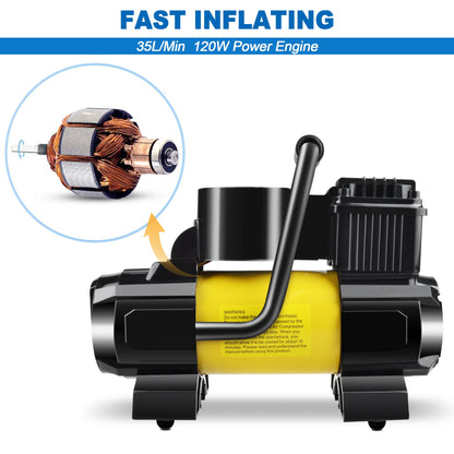 150 PSI 12V Tire Inflator with Analog Pressure Gauge, Carry Bag, Hose Accessories and Yellow or Blue Housing