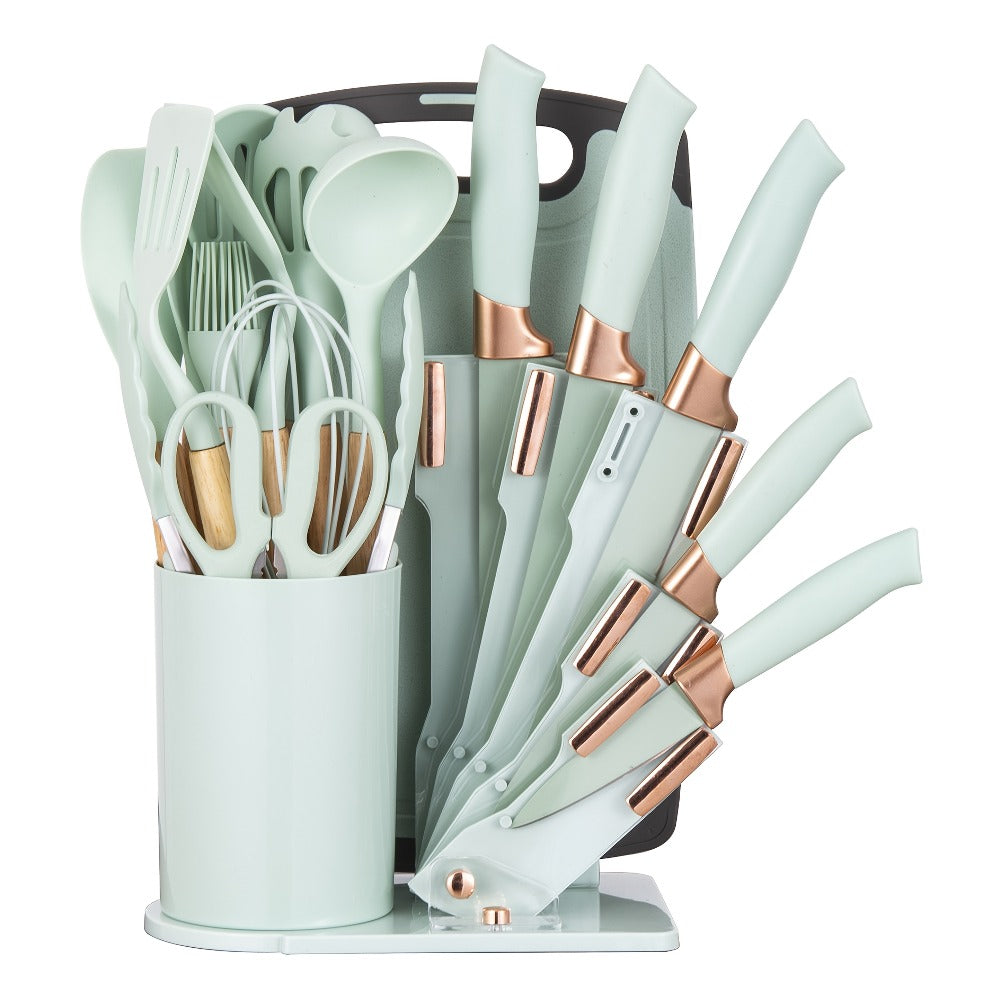 Kitchen Knife Set 19-Piece with Stainless Steel Blades, Wood Handles, Silicone Utensils, Board, Shears and Holder