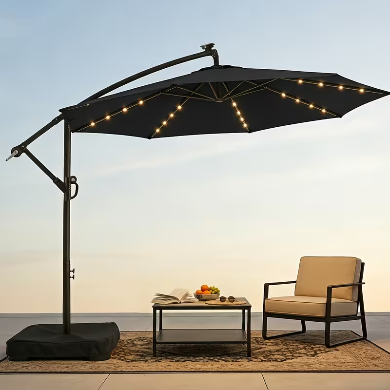 Patio Umbrella 10FT Offset Cantilever Solar LED Style with Tilt, Crank and 16 Base-Choice Color Options