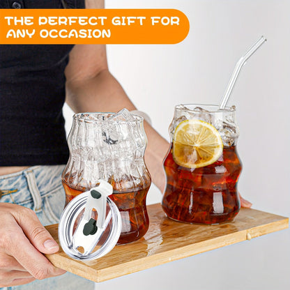 Cloud-Shaped Glass Cup Drinkware Set, 18oz U-Curve Cups with Glass Straws, Brushes and Lid Options in 4 or 6 Pieces