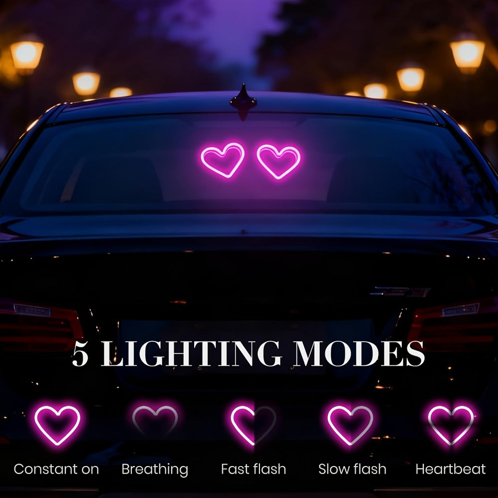 Car Interior Neon Heart Lights Solar USB Rechargeable 5 Lighting Modes Vibration-Sensing Auto On/Off Dashboard Decoration for Cars Trucks