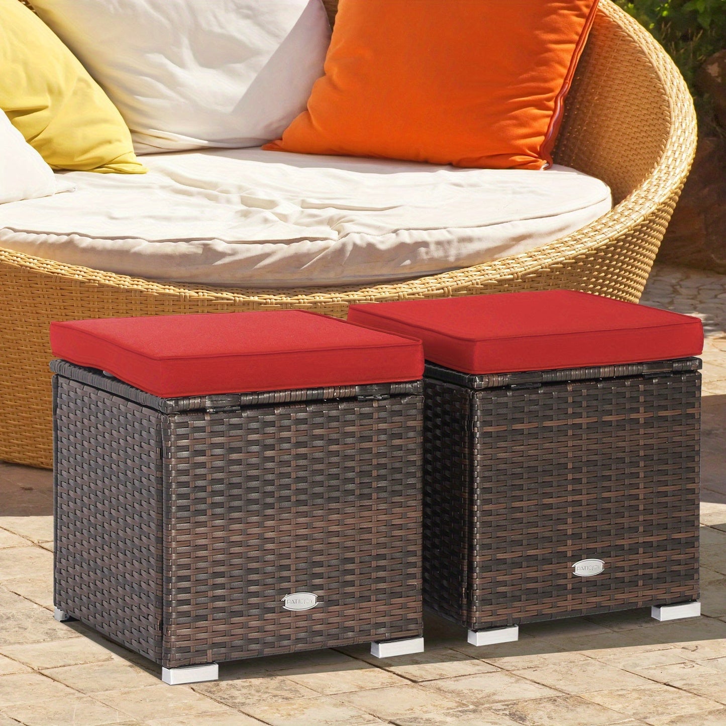Outdoor Wicker Ottoman Set of 2 with Hidden Storage – PE Wicker Footstools with Detachable Cushions, Side Table & Extra Seating for Patio