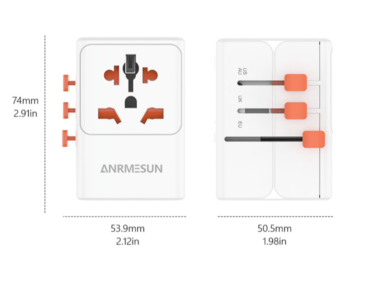 65W Universal Travel Adapter with 4 USB Ports - 2 USB-C & 2 USB-A Fast Charging, US EU UK AU Plugs