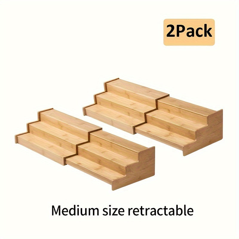 Expandable Bamboo Spice Rack with Three Stepped Tiers, 9.5-15.7-Inch Width and One- or Two-Piece Options