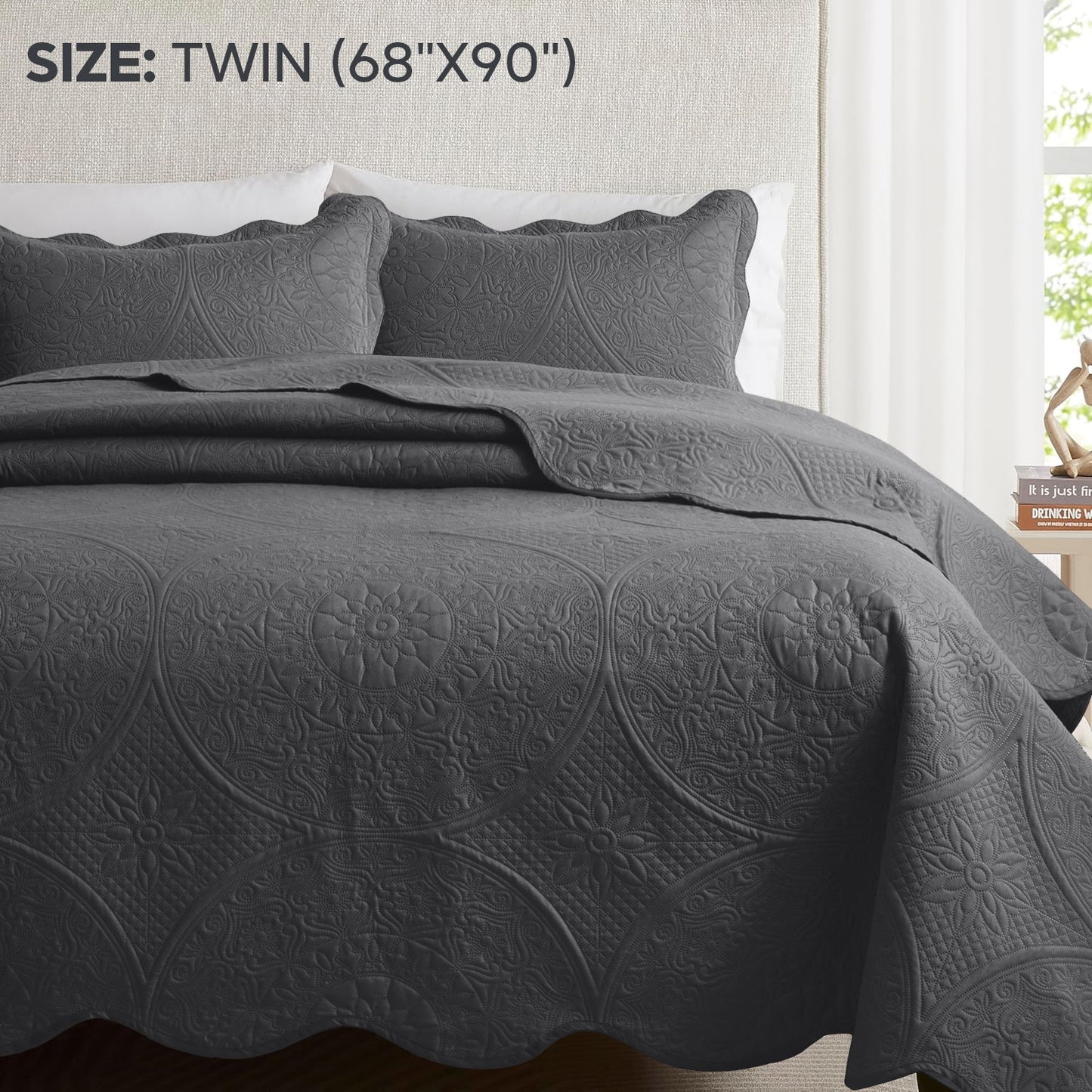 Floral-Pattern Three-Piece Bedspread Set in 16 Colors with Twin, Queen, King and California King Sizes
