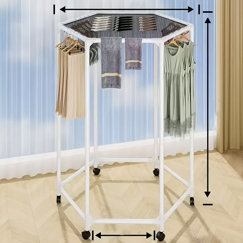 Rotating Hexagonal Garment Rack with Six-Sided Hanging Frame, Casters and Black or White Mesh-Bag Options