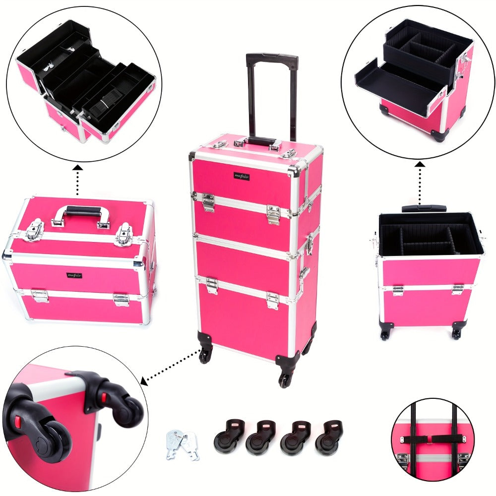 Lockable Aluminum Makeup Train Case with Extendable Trays Multi-Tier Professional Cosmetic Organizer – Portable Salon Travel Beauty Case