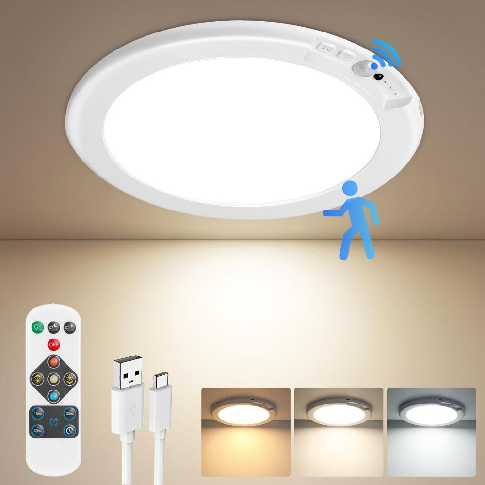 Motion Sensor Ceiling Light Rechargeable with Remote, 3-Color Dimmable Wireless LED Overhead Light