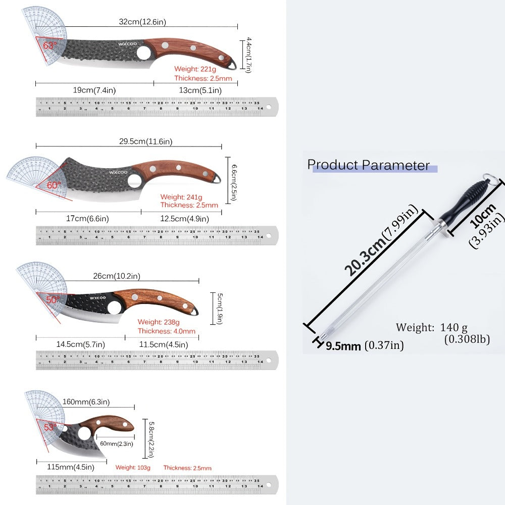 Kitchen Knife Set 8-Piece 5Cr15MoV Stainless Steel with Hammered Blades, Wood-Style Handles and Shears Options