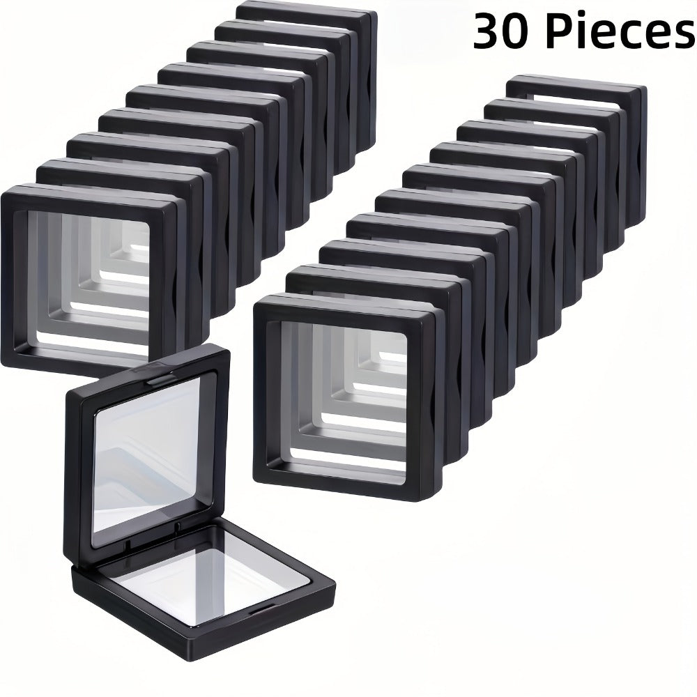 3D Floating Jewelry Display Box Set with Black Frames, Clear Flexible Panels and 30- or 60-Piece Options