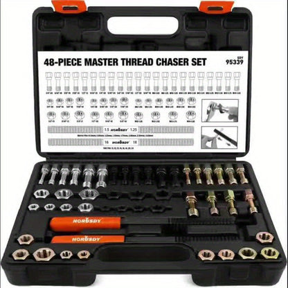 Thread Repair Kit 48-Piece – UNF UNC & Metric Tap and Die Rethreading Set, SAE & Metric Thread Chaser for Bolt & Nut Repair