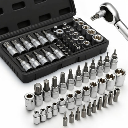 Torx Star Bit Socket Set 34/46-Piece – 3/8" Drive CR-V E-Socket E4-E20, T10-T60, Tamper-Proof TT10-TT55, S2 Steel, 5/16"F to 3/8"M Adapter