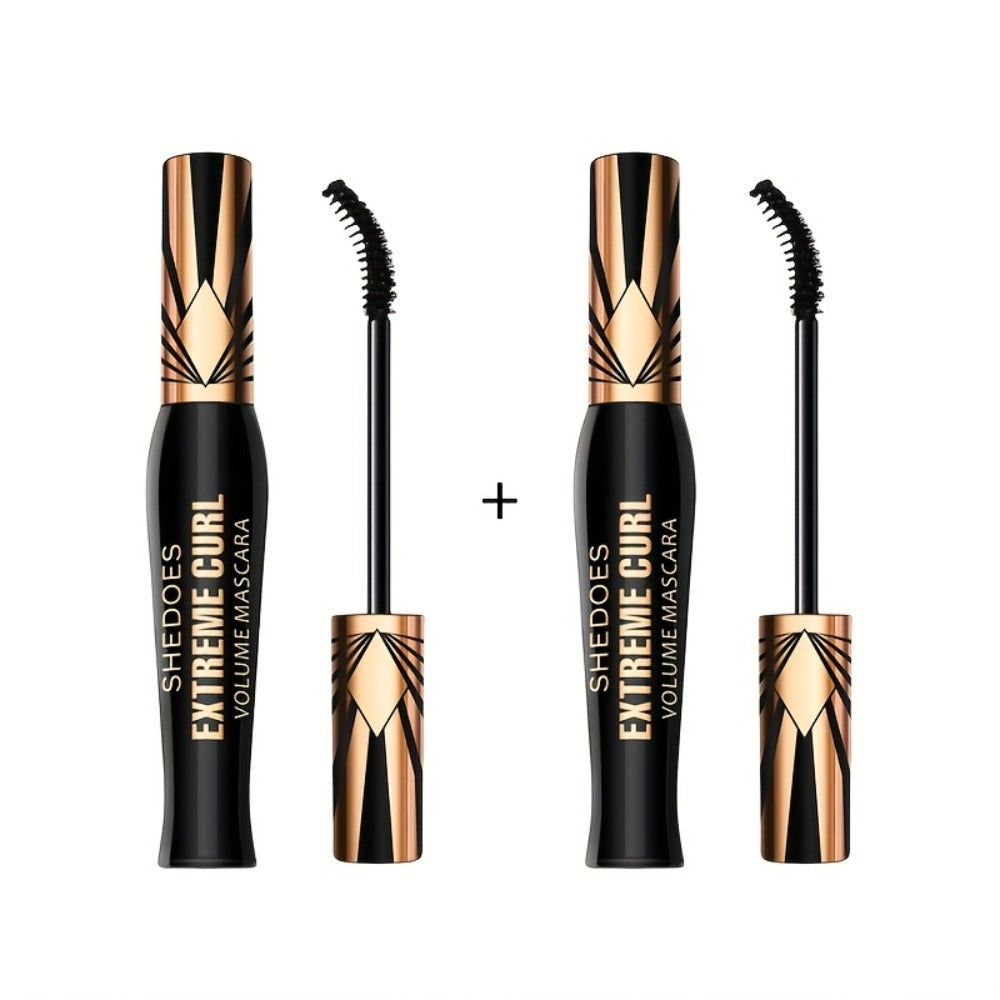Black Mascara Two-Piece Set with Gold Crown-Style Caps and Curved Black Bristle Applicator Wands