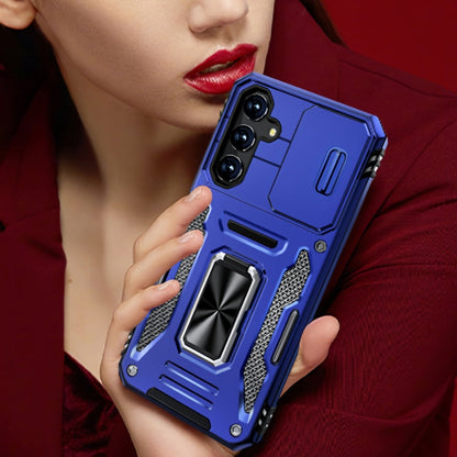 Samsung Galaxy Shockproof Magnetic Phone Case with 360° Rotating Ring Bracket & Sliding Lens Protector – Heavy Duty Cover for S24FE S23FE