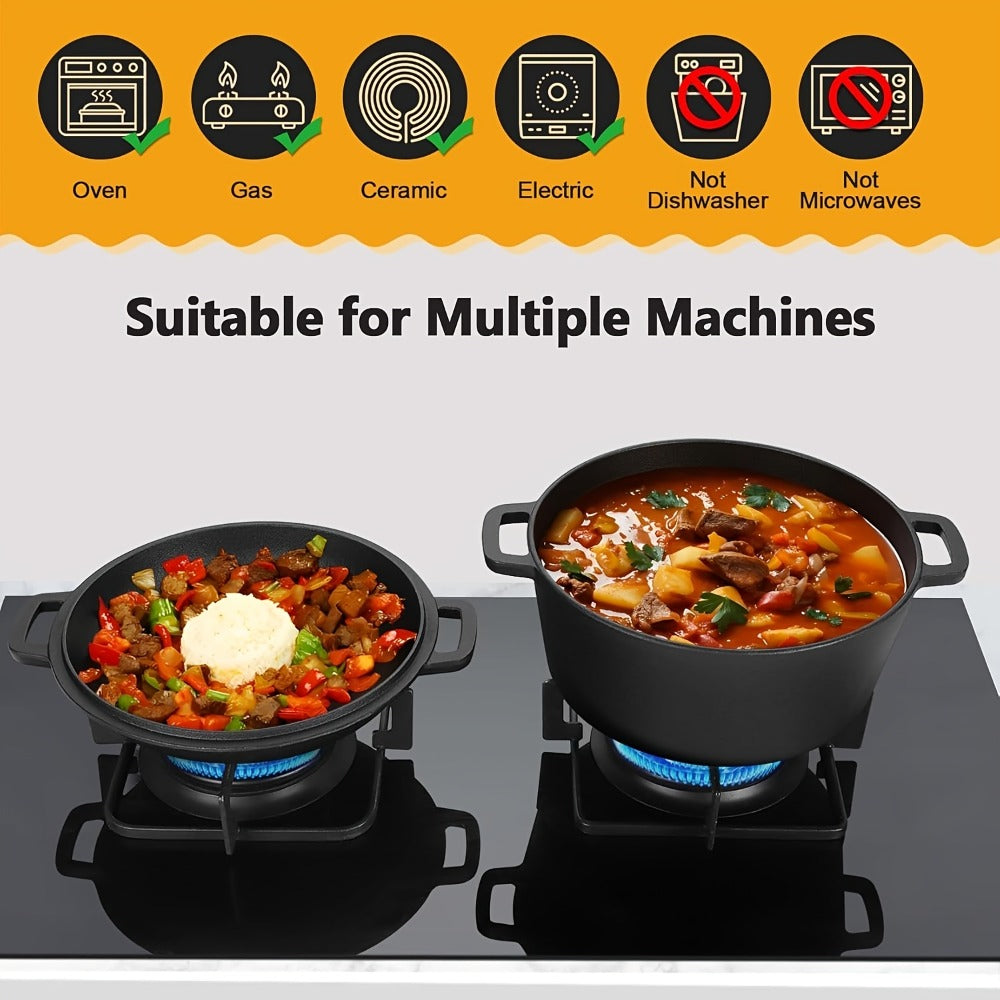 Cast Iron Dutch Oven Set 5.1QT & 7QT with Skillet Lid – Pre-Seasoned 2-in-1 Cookware for Stovetop, Induction, Oven, Campfire & BBQ