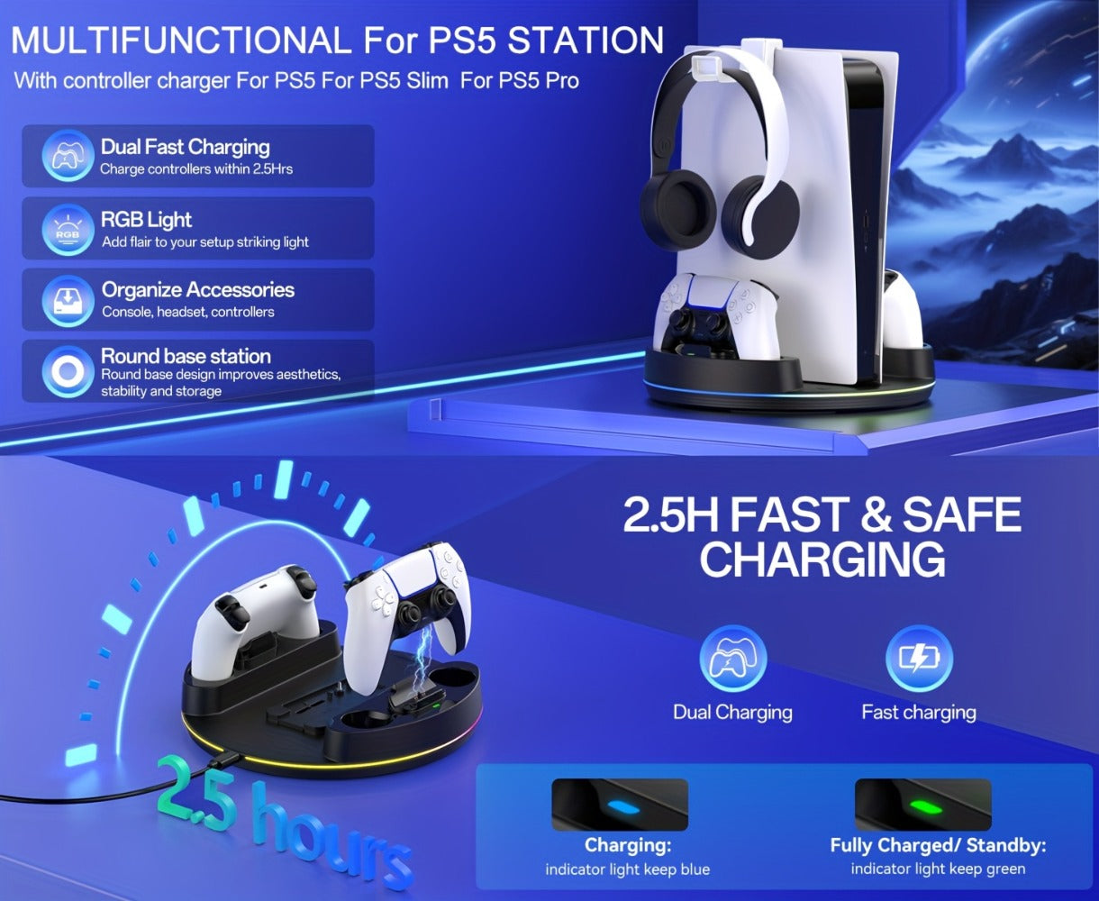 PS5 Charging Station with RGB Light Stand for PS5 Slim PS5 Pro - Fast Dual Controller Charger for an Everyday Personal Care Routine