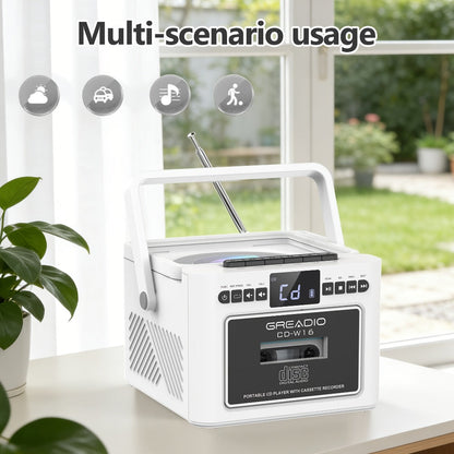 Boombox CD Cassette Player Rechargeable 5000mAh Battery 5W Dual Stereo Speakers FM Radio Tape Recording AUX SD USB 3.5mm Jack Portable Home