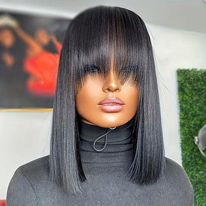 Straight Bob Human Hair Wig with Full Bangs, 250% Density, Rose Net Cap and 10-18 Inch Lengths