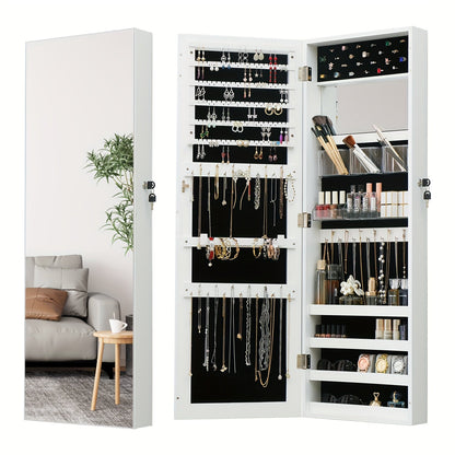 Full Length Mirror Jewelry Armoire Cabinet, 2-in-1 Lockable Over the Door Mirror with Jewelry Storage, Makeup Organizer with Baskets Bins