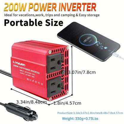 Multi-Format Car Power Inverter with 200W, 1000W or 3000W Labels in Red and Black Options for Vehicles