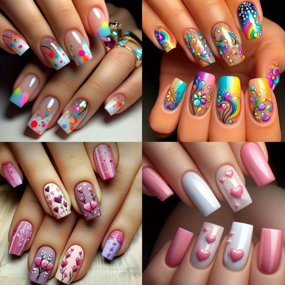Press On Nails 96-Piece Almond Heart Glitter Four-Pack Set with Jelly Adhesive Tabs and Nail File
