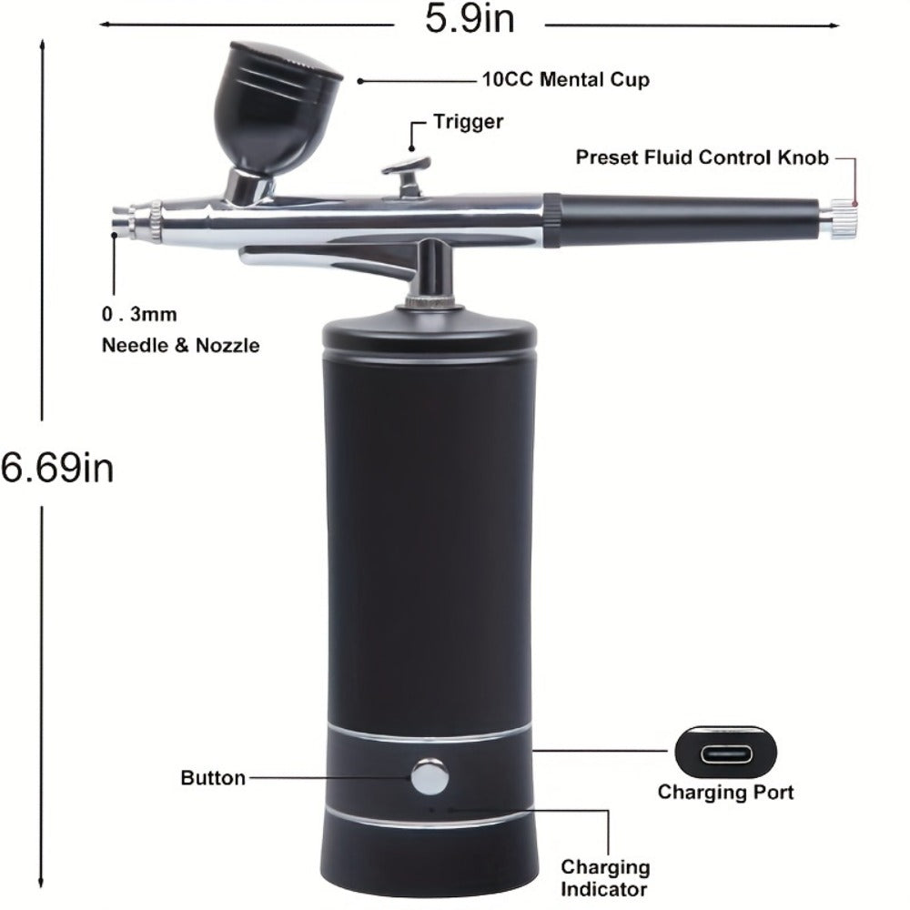 Portable Cordless Airbrush Kit with Compressor 0.3mm Nozzle – USB-C Rechargeable 23-27PSI Airbrush Gun for Makeup Nail Art Cake Decorating
