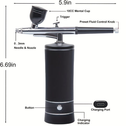 Portable Cordless Airbrush Kit with Compressor 0.3mm Nozzle – USB-C Rechargeable 23-27PSI Airbrush Gun for Makeup Nail Art Cake Decorating