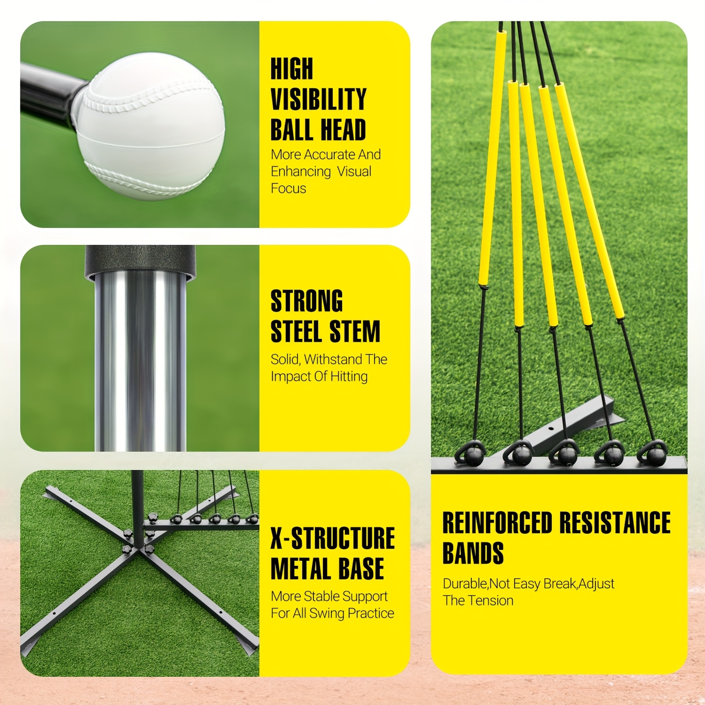Baseball Swing Trainer with 5 Power Bands & Auto Reset System – Height Adjustable 31–47 Inch Portable Batting Trainer with Sturdy Base