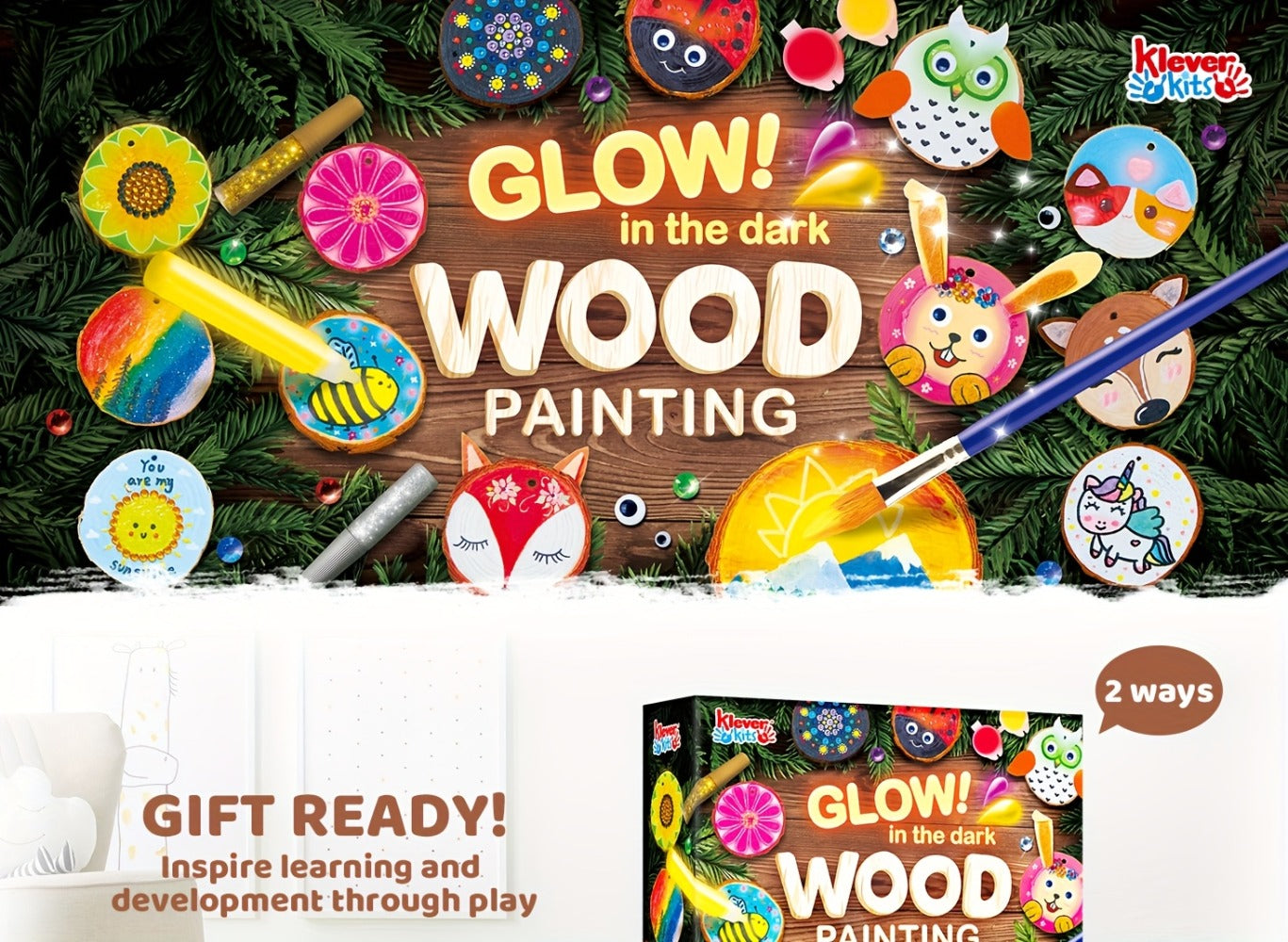 Kids Painting Kit Glow in the Dark, Wood Slice Arts & Crafts Set Ages 6+ with 16 Wood Slices, Felt
