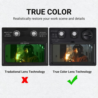 Black Auto-Darkening Welding Helmet with Wide Rectangular Lens, Top-Mounted Headlight and Adjustable Headgear