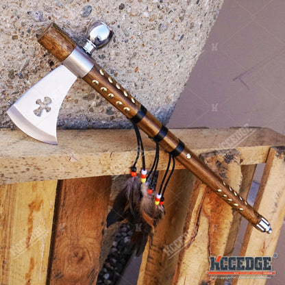 Native American Tomahawk Hatchet Replica 19in, Decorative Peace Pipe Axe with Wooden Handle, Feather & Brass Accents