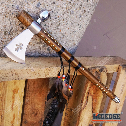 Native American Tomahawk Hatchet Replica 19in, Decorative Peace Pipe Axe with Wooden Handle, Feather & Brass Accents