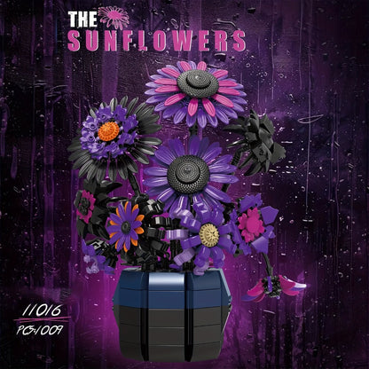 Sunflower Building Blocks Bouquet Set for Adults – Purple Van Gogh Art Botanical Flower Brick Kit Creative Home Decor Display Model